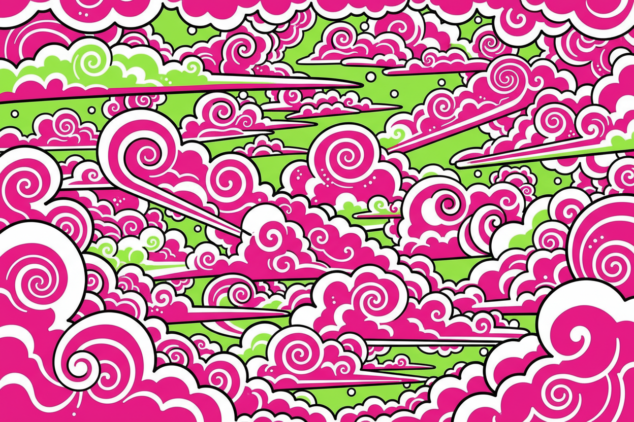 FONDO DE NUBES CARTOON PSICODÉLICO CON LOS ÚNICOS COLORES NEGO PARA LINEART, BLANCO PARA DETALLES, ROSA FUCSIA COLOR PRINCIPAL Y VERDE LIMA COLOR SECUNDARIO, SOLO ESSTOS COLORES Y MUY SATURADOS