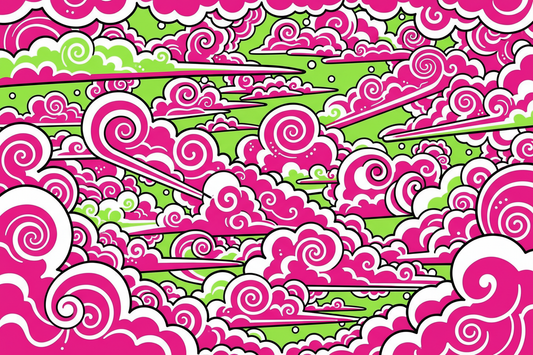 FONDO DE NUBES CARTOON PSICODÉLICO CON LOS ÚNICOS COLORES NEGO PARA LINEART, BLANCO PARA DETALLES, ROSA FUCSIA COLOR PRINCIPAL Y VERDE LIMA COLOR SECUNDARIO, SOLO ESSTOS COLORES Y MUY SATURADOS